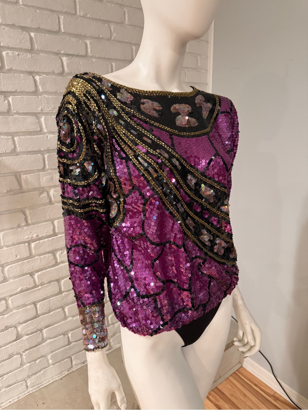 Jack Bryan Vintage Hand-Beaded Sequin Art Deco Top Purple Black Gold Size 6 - Picture 10 of 16